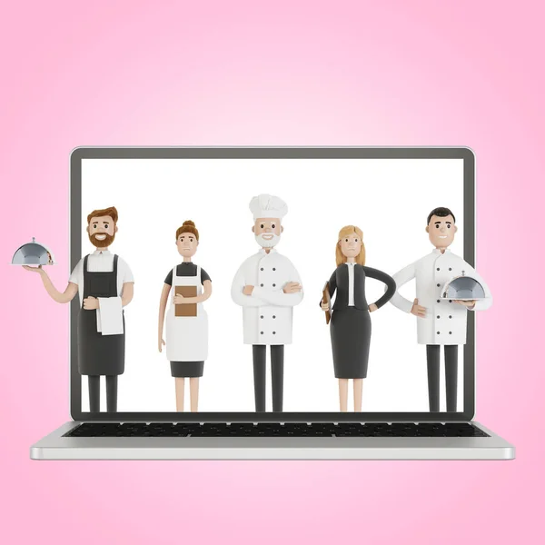 Equipe Funcionários Restaurante Tela Laptop Entrega Restaurante Ilustração Estilo Cartoon — Fotografia de Stock