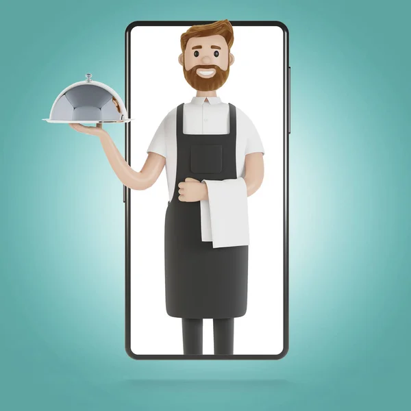Ober Het Smartphone Scherm Online Bezorgconcept Van Restaurant Illustratie Cartoon — Stockfoto
