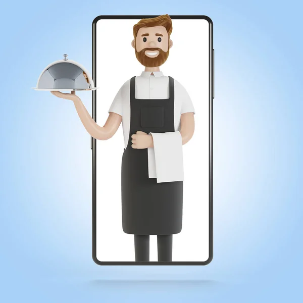 Camarero Pantalla Del Smartphone Concepto Entrega Línea Del Restaurante Ilustración — Foto de Stock