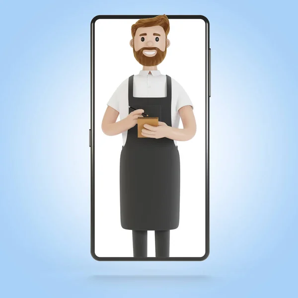 Ober Het Smartphone Scherm Online Bezorgconcept Van Restaurant Illustratie Cartoon — Stockfoto