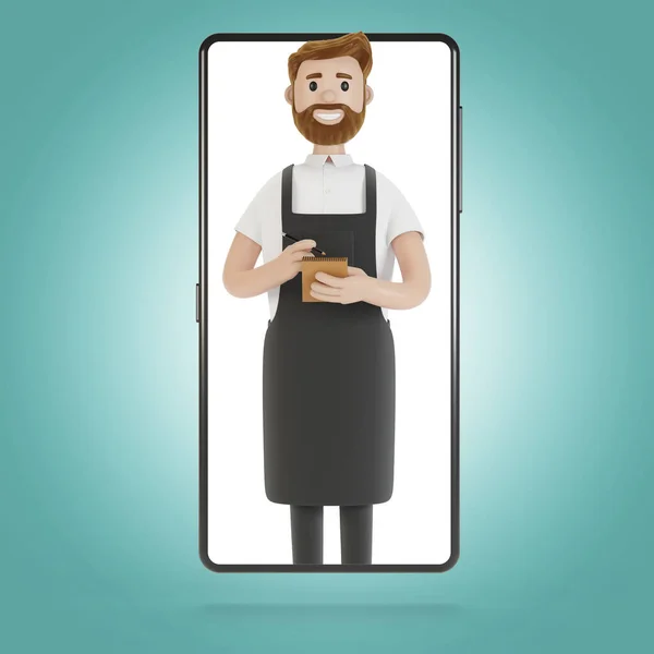 Ober Het Smartphone Scherm Online Bezorgconcept Van Restaurant Illustratie Cartoon — Stockfoto