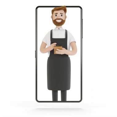 Akıllı telefon ekranındaki garson. Restorandan online dağıtım konsepti. Çizgi film tarzında 3B illüstrasyon.