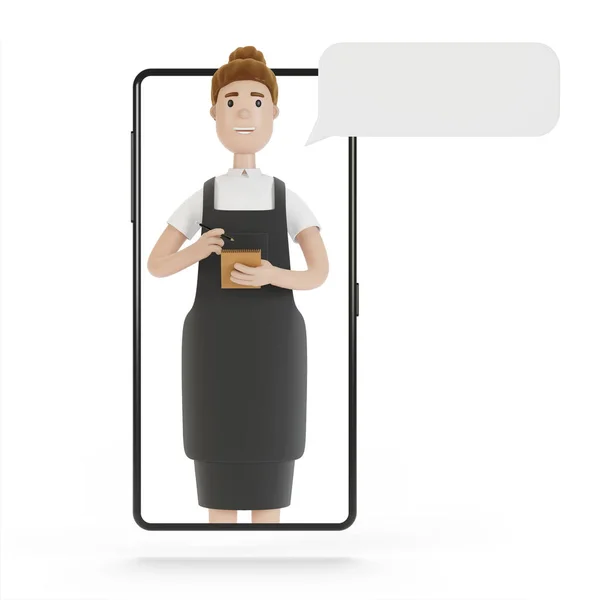 Servitören Smarttelefonskärmen Online Leverans Koncept Från Restaurang Illustration Tecknad Stil — Stockfoto