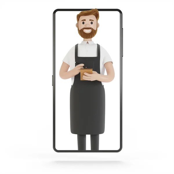 Camarero Pantalla Del Smartphone Concepto Entrega Línea Del Restaurante Ilustración — Foto de Stock