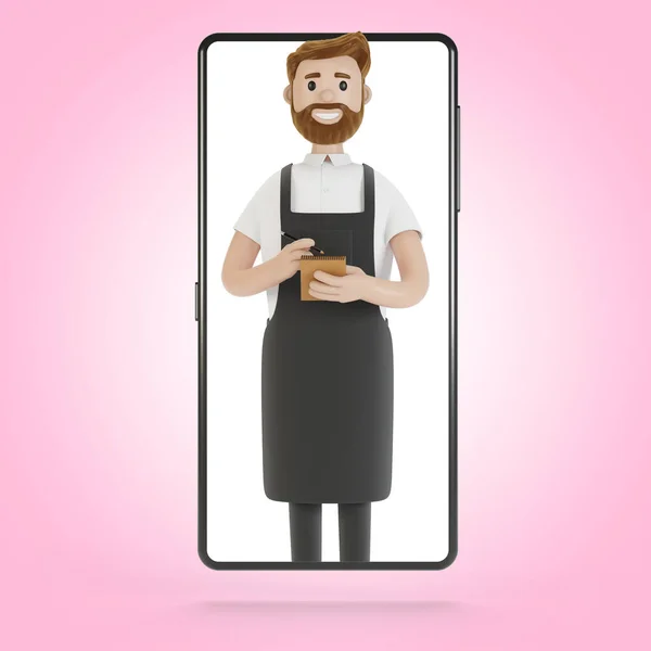 Camarero Pantalla Del Smartphone Concepto Entrega Línea Del Restaurante Ilustración — Foto de Stock