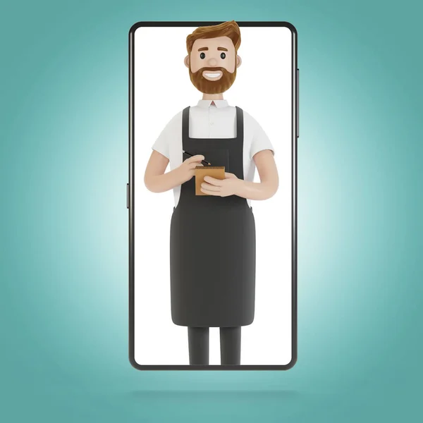 Camarero Pantalla Del Smartphone Concepto Entrega Línea Del Restaurante Ilustración — Foto de Stock