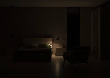 Modern yatak odasının içi. İyi geceler. Akşam aydınlatması. 3B görüntüleme.