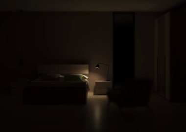 Modern yatak odasının içi. İyi geceler. Akşam aydınlatması. 3B görüntüleme.