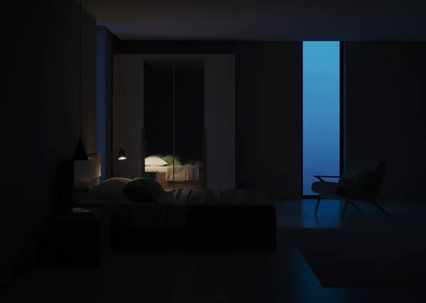 Interior Moderno Quarto Boa Noite Iluminação Nocturna Renderização — Fotografia de Stock