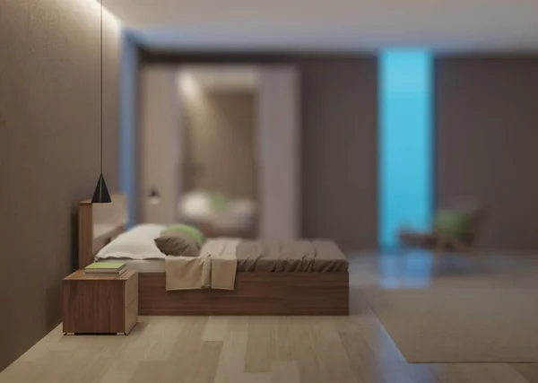 Modern Bedroom Interior Night Evening Lighting Rendering — Stock Photo, Image