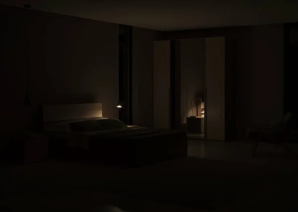 近代的な寝室のインテリア 夜の照明 3Dレンダリング — ストック写真