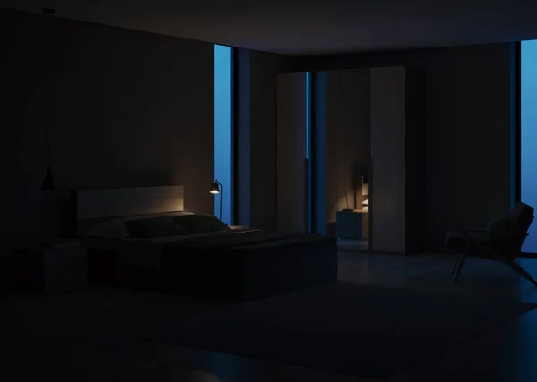 Interior Del Dormitorio Moderno Buenas Noches Iluminación Nocturna Renderizado — Foto de Stock