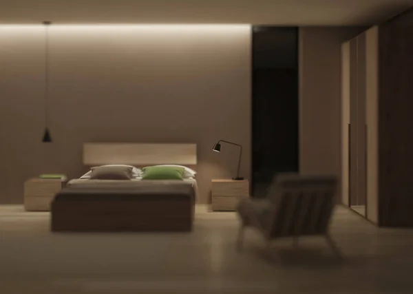 近代的な寝室のインテリア 夜の照明 3Dレンダリング — ストック写真