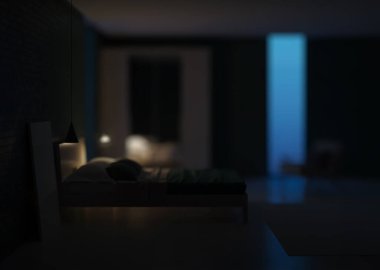 Modern yatak odasının içi. İçi zümrüt renginde. İyi geceler. Akşam aydınlatması. 3B görüntüleme.