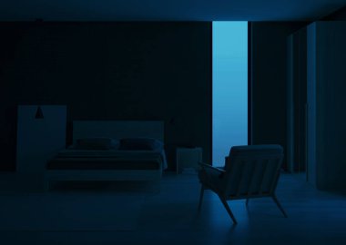 Modern yatak odasının içi. İçi zümrüt renginde. İyi geceler. Akşam aydınlatması. 3B görüntüleme.