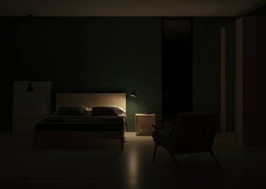 Modern yatak odasının içi. İçi zümrüt renginde. İyi geceler. Akşam aydınlatması. 3B görüntüleme.