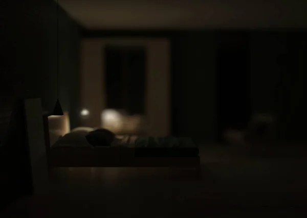 近代的な寝室のインテリア 内装はエメラルド色 夜の照明 3Dレンダリング — ストック写真