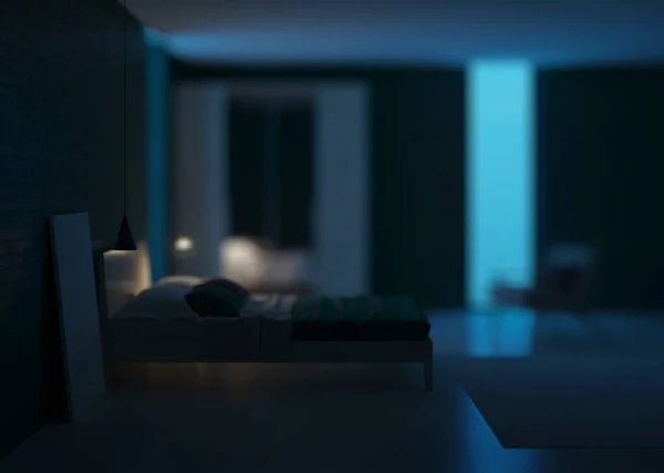 Modern Yatak Odasının Içi Zümrüt Renginde Geceler Akşam Aydınlatması Görüntüleme — Stok fotoğraf