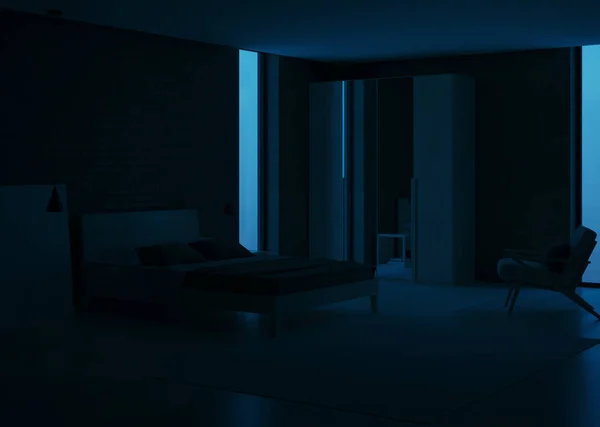 Modern Bedroom Interior Emerald Color Interior Night Evening Lighting Rendering — Stock Photo, Image