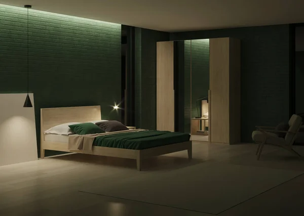 Μοντέρνο Εσωτερικό Υπνοδωμάτιο Σμαραγδένιο Χρώμα Στο Εσωτερικό Νύχτα Βραδινός Φωτισμός — Φωτογραφία Αρχείου