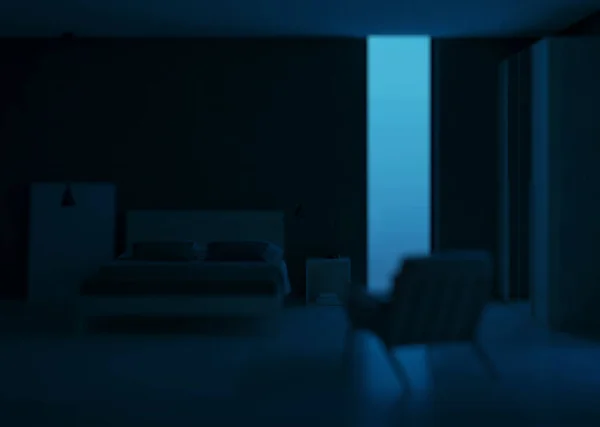 Μοντέρνο Εσωτερικό Υπνοδωμάτιο Σμαραγδένιο Χρώμα Στο Εσωτερικό Νύχτα Βραδινός Φωτισμός — Φωτογραφία Αρχείου