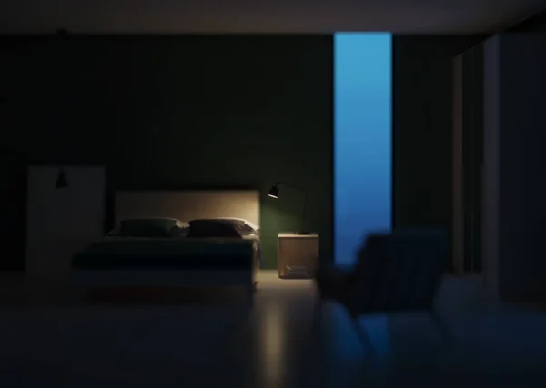 Intérieur Chambre Moderne Couleur Émeraude Intérieur Bonne Nuit Eclairage Soir — Photo