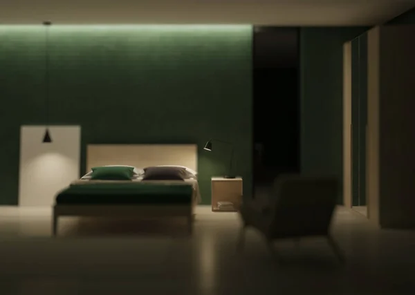 Intérieur Chambre Moderne Couleur Émeraude Intérieur Bonne Nuit Eclairage Soir — Photo