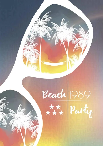 Summer Beach Party Flyer Design Con Occhiali Sole Sfondo Sfocato — Vettoriale Stock