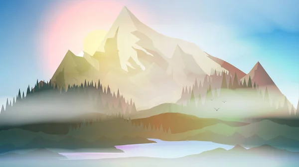 Sunset Dawn Mountains Lake Pine Forest Landscape Vector Illustration — Stock Vector