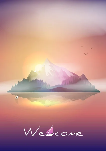 Isla Las Montañas Paisaje Atardecer Mar Ilustración Vectorial — Archivo Imágenes Vectoriales