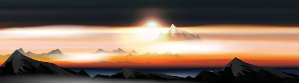 山在云彩风景在日落或黎明全景 矢量例证 — 图库矢量图片