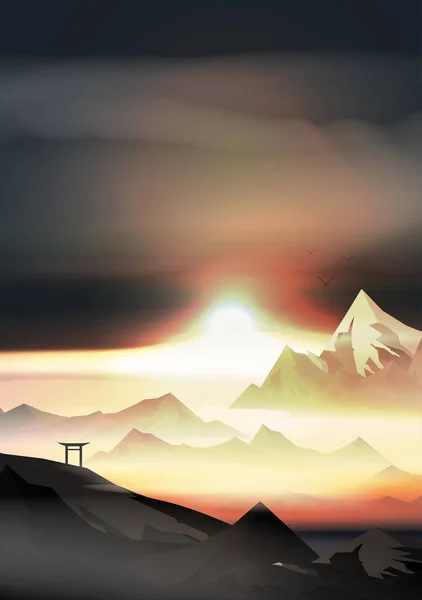 Japanische Landschaft Hintergrund Mit Bergen Und Bogen Sonnenuntergang Mit Nebel — Stockvektor