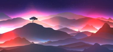 Lone Tree - vektör çizim ile dağlarda yıldızlı gece