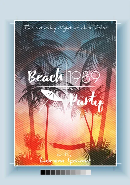夏季沙滩派对传单设计与 Palmtrees 矢量插画 免版税图库矢量图片