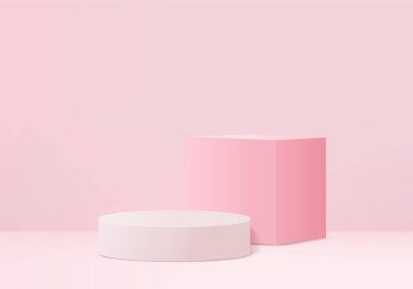 Soyut pembe kompozisyonda podyum, 3D renkte, 3D resimleme, arka plan modelleme 3d pembe, podyum ve minimal turuncu duvar sahnesi, 3d soyut geometrik şekil pembe pastel rengi. Ödüller için modern web sitesinde sahne.