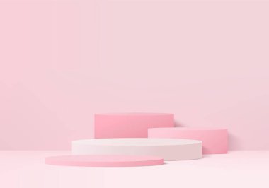 Soyut pembe kompozisyonda podyum, 3D renkte, 3D resimleme, arka plan modelleme 3d pembe, podyum ve minimal turuncu duvar sahnesi, 3d soyut geometrik şekil pembe pastel rengi. Ödüller için modern web sitesinde sahne.