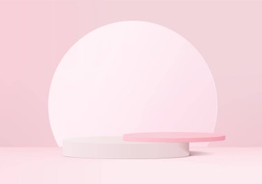 Soyut pembe kompozisyonda podyum, 3D renkte, 3D resimleme, arka plan modelleme 3d pembe, podyum ve minimal turuncu duvar sahnesi, 3d soyut geometrik şekil pembe pastel rengi. Ödüller için modern web sitesinde sahne.