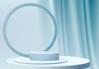 Arka planda mavi pastel ürün podyumu. Soyut asgari geometri kavramı. Stüdyo platformu teması. Sergi ve iş tanıtım aşaması. 3B resimleme grafiksel tasarımı