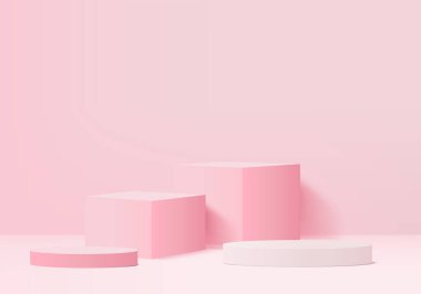 Soyut pembe kompozisyonda podyum, 3D renkte, 3D resimleme, arka plan modelleme 3d pembe, podyum ve minimal turuncu duvar sahnesi, 3d soyut geometrik şekil pembe pastel rengi. Ödüller için modern web sitesinde sahne.