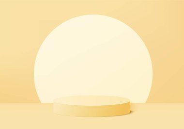 Geometrik platformlu 3d arkaplan ürünleri en az podyum sahnesi. 3d arkaplan vektörü podyum ile hazırlanıyor. Kozmetik ürünlerini gösteriyor. Sahne vitrini, modern stüdyo sarı pastel üzerine.