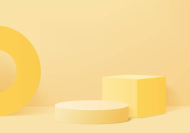 Geometrik platformlu 3d arkaplan ürünleri en az podyum sahnesi. 3d arkaplan vektörü podyum ile hazırlanıyor. Kozmetik ürünlerini gösteriyor. Sahne vitrini, modern stüdyo sarı pastel üzerine.