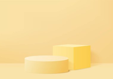 Geometrik platformlu 3d arkaplan ürünleri en az podyum sahnesi. 3d arkaplan vektörü podyum ile hazırlanıyor. Kozmetik ürünlerini gösteriyor. Sahne vitrini, modern stüdyo sarı pastel üzerine.