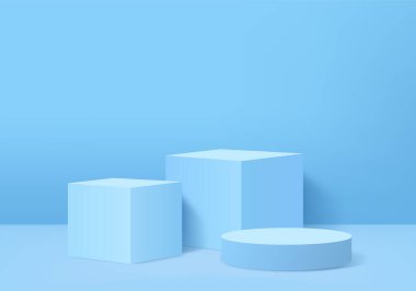Soyut mavi arkaplan kompozisyonu içinde 3d vektör oluşturan minimal podyum ve sahne, 3d illüstrasyon ürün gösterimi için sahne geometri şekil formları oluşturur. Modern ödüller için sahne.