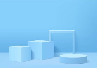 Soyut mavi arkaplan kompozisyonu içinde 3d vektör oluşturan minimal podyum ve sahne, 3d illüstrasyon ürün gösterimi için sahne geometri şekil formları oluşturur. Modern ödüller için sahne.