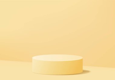 Arka planda sarı pastel ürün podyumu. Soyut asgari geometri kavramı. Stüdyo platformu teması. Sergi ve iş tanıtım aşaması. 3B resimleme grafiksel tasarımı