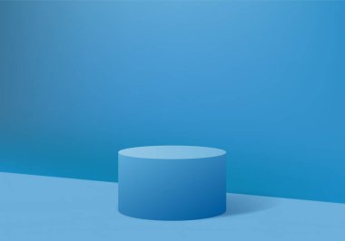 Arka planda mavi pastel ürün podyumu. Soyut asgari geometri kavramı. Stüdyo platformu teması. Sergi ve iş tanıtım aşaması. 3B resimleme grafiksel tasarımı