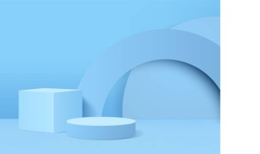 Mavi soyut geometrik arkaplan ya da dokunun 3 boyutlu çizimi. Parlak pastel podyum ya da kaidesel zemin. Boş minimal tasarım podyumu konsepti. Modern web sitesinde ödül töreni için sahne.