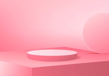 Arka planda pembe pastel ürün podyumu. Soyut asgari geometri kavramı. Stüdyo platformu teması. Sergi ve iş tanıtım aşaması. 3B resimleme grafiksel tasarımı
