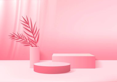 Pembe soyut geometrik arkaplan veya dokunun 3 boyutlu çizimi. Parlak pastel podyum ya da kaidesel zemin. Boş minimal tasarım podyumu konsepti. Modern web sitesinde ödül töreni için sahne.