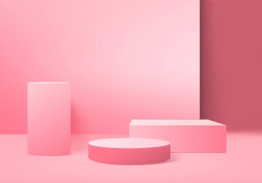 Arkaplan 3D pembe renkte, podyum ve en az pembe duvar sahnesi, en az soyut arka plan 3D, soyut geometrik şekilli, pembe pastel renkli. Ödüller için modern web sitesinde sahne.